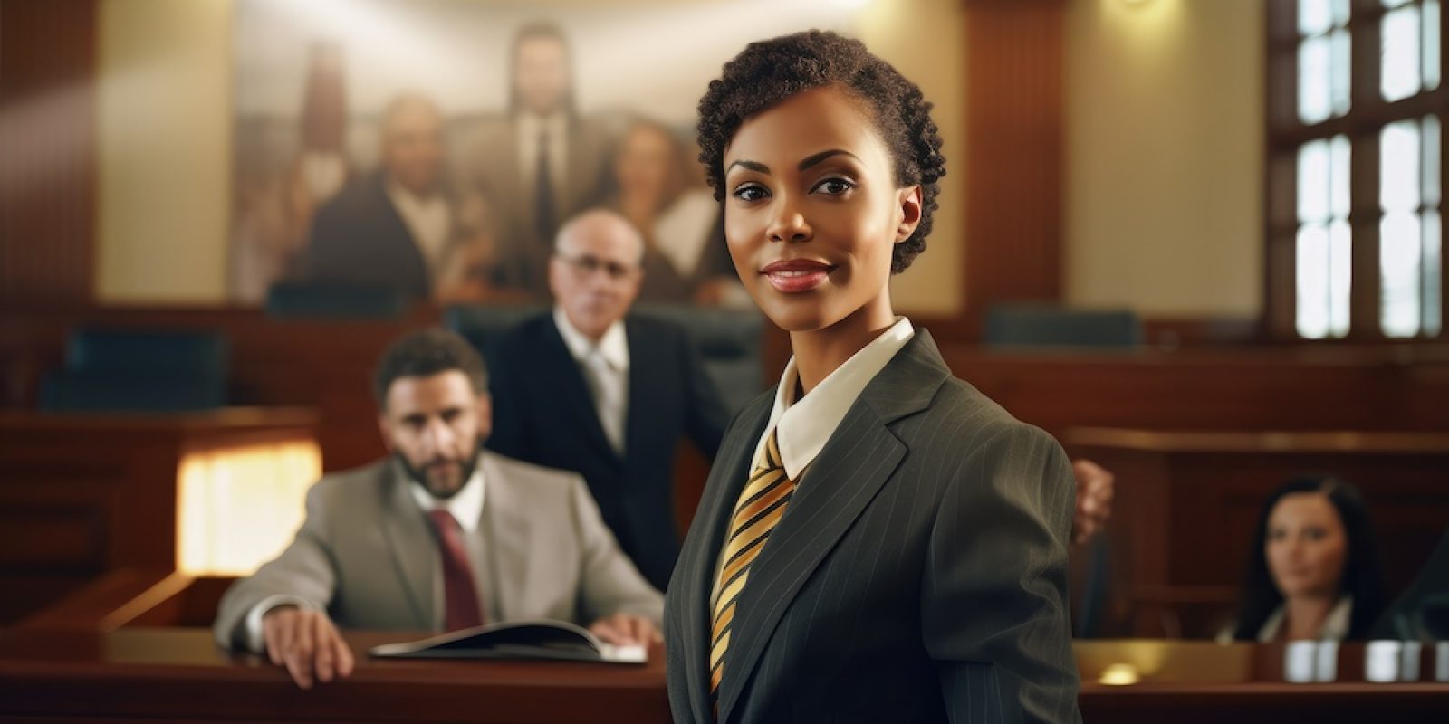 Lawyer black woman in court room presents side interests in dispute before judge, attractive woman attorney appears in courtroom in front of jury, lawyer protects rights of defendant, generative AI