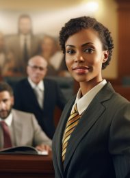 Lawyer black woman in court room presents side interests in dispute before judge, attractive woman attorney appears in courtroom in front of jury, lawyer protects rights of defendant, generative AI