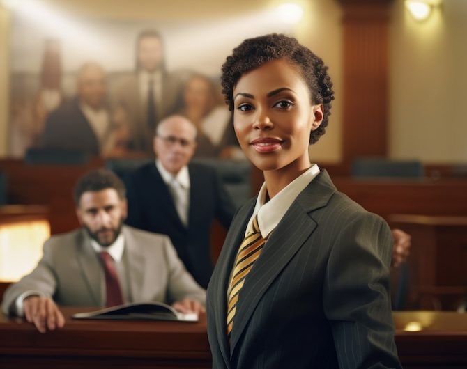 Lawyer black woman in court room presents side interests in dispute before judge, attractive woman attorney appears in courtroom in front of jury, lawyer protects rights of defendant, generative AI