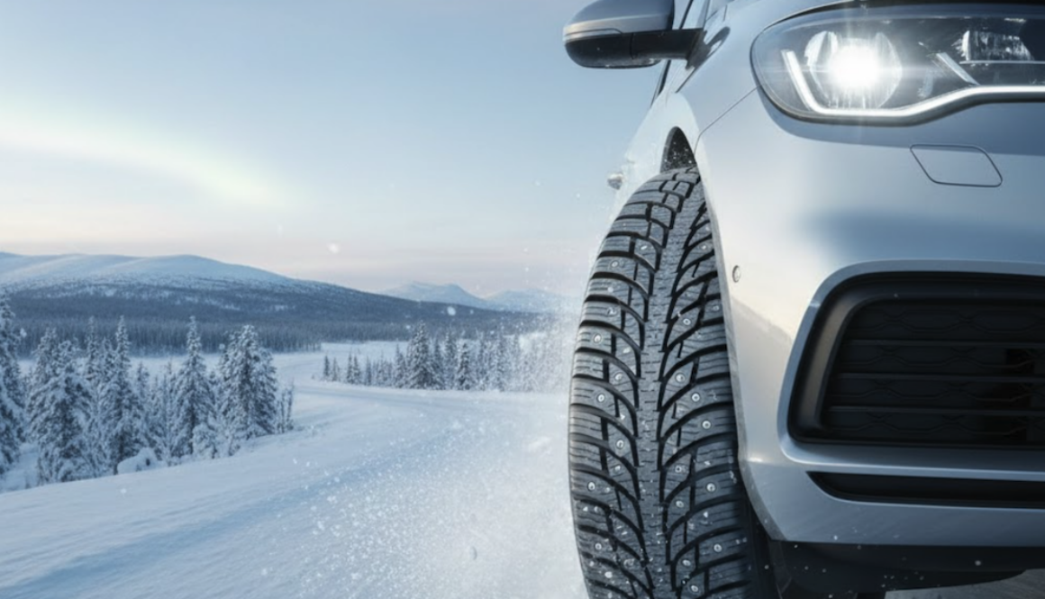 Närbild på ett Michelin vinterdäck med tydligt mönster och dubbar som kör på en snötäckt väg i Sverige. Bilden illustrerar säkerhet och grepp vid vinterväglag. Närbild på ett Michelin vinterdäck med tydligt mönster och dubbar som kör på en snötäckt väg i Sverige. Bilden illustrerar säkerhet och grepp vid vinterväglag.